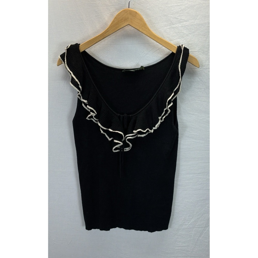 Vtg Lauren Ralph Lauren Black Silk Knit Ruffle Tank Sweater Tie Front MD Y2K